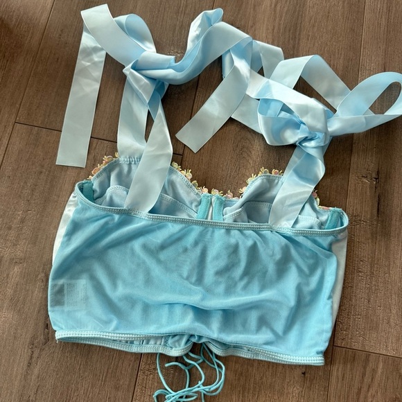 Light Blue Satin Lace-Up Crop Top with Ribbon Straps - Picture 7 of 9